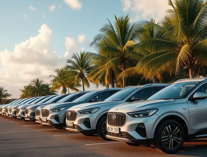 ExoTrip fleet of cars ready at Mauritius airport, palm trees in background